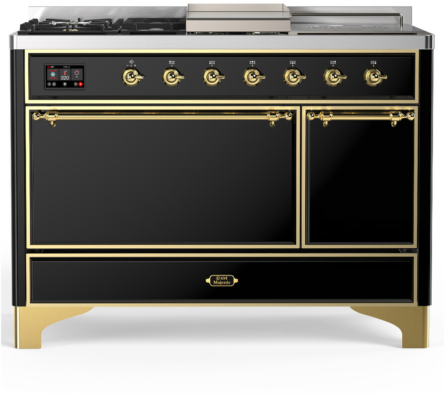 ILVE UM48FSQNR3BKGLP Majestic III 48 inch Dual Fuel Range with 5 Black Brass Burners, Griddle and French Top, Dual Function Burner up to 25,000 BTU (Liquid Propane, Solid Door, Glossy Black, Brass)