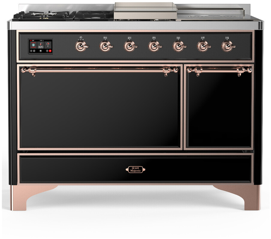ILVE UM48FSQNR3BKP Majestic III 48 inch Dual Fuel Range with 5 Black Brass Burners, Griddle and French Top, Dual Function Burner up to 25,000 BTU (Natural Gas, Solid Door, Glossy Black, Copper)