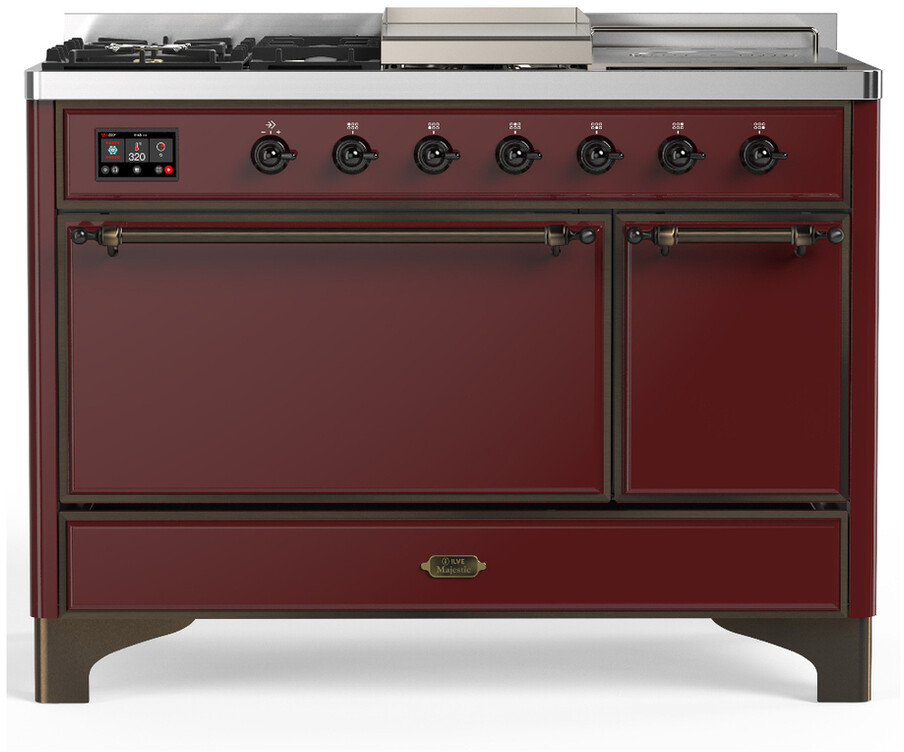 ILVE UM48FSQNR3BUB Majestic III 48 inch Dual Fuel Range with 5 Black Brass Burners, Griddle and French Top, Dual Function Burner up to 25,000 BTU (Natural Gas, Solid Door, Burgundy, Burnished)