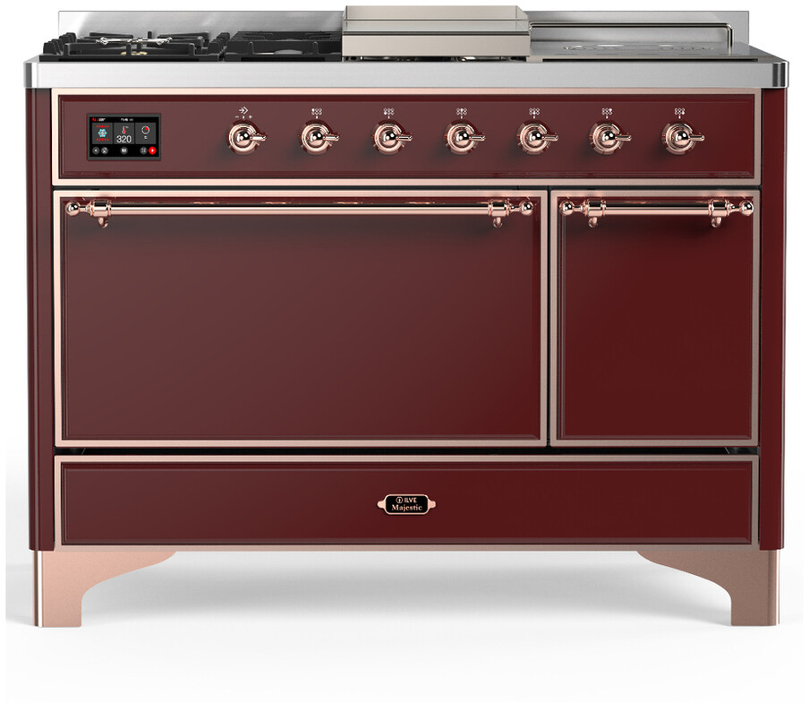 ILVE UM48FSQNR3BUPLP Majestic III 48 inch Dual Fuel Range with 5 Black Brass Burners, Griddle and French Top, Dual Function Burner up to 25,000 BTU (Liquid Propane, Solid Door, Burgundy, Copper)
