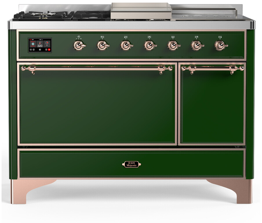 ILVE UM48FSQNR3EGPLP Majestic III 48 inch Dual Fuel Range with 5 Black Brass Burners, Griddle and French Top, Dual Function Burner up to 25,000 BTU (Liquid Propane, Solid Door, Emerald Green, Copper)