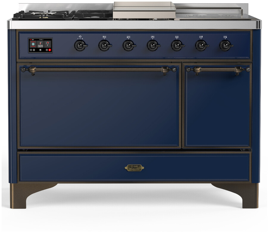 ILVE UM48FSQNR3MBB Majestic III 48 inch Dual Fuel Range with 5 Black Brass Burners, Griddle and French Top, Dual Function Burner up to 25,000 BTU (Natural Gas, Solid Door, Midnight Blue, Burnished)