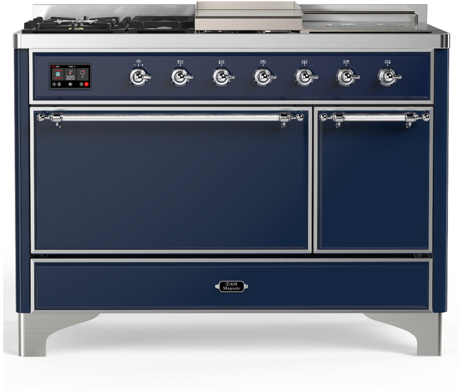 ILVE UM48FSQNR3MBCLP Majestic III 48 inch Dual Fuel Range with 5 Black Brass Burners, Griddle and French Top, Dual Function Burner up to 25,000 BTU (Liquid Propane, Solid Door, Midnight Blue, Chrome)