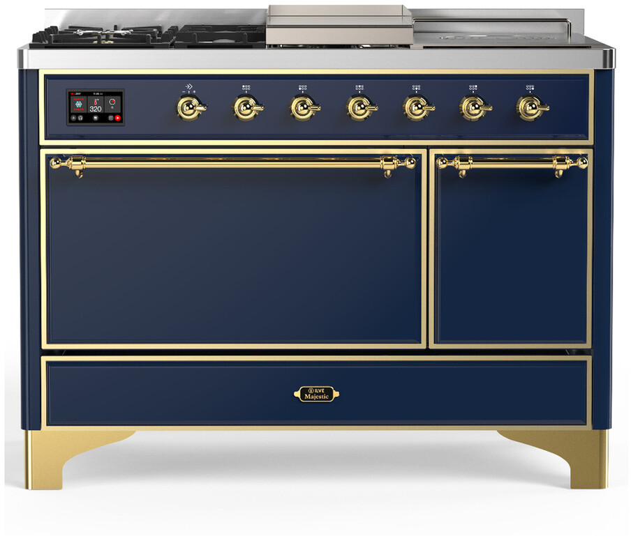 ILVE UM48FSQNR3MBGLP Majestic III 48 inch Dual Fuel Range with 5 Black Brass Burners, Griddle and French Top, Dual Function Burner up to 25,000 BTU (Liquid Propane, Solid Door, Midnight Blue, Brass)
