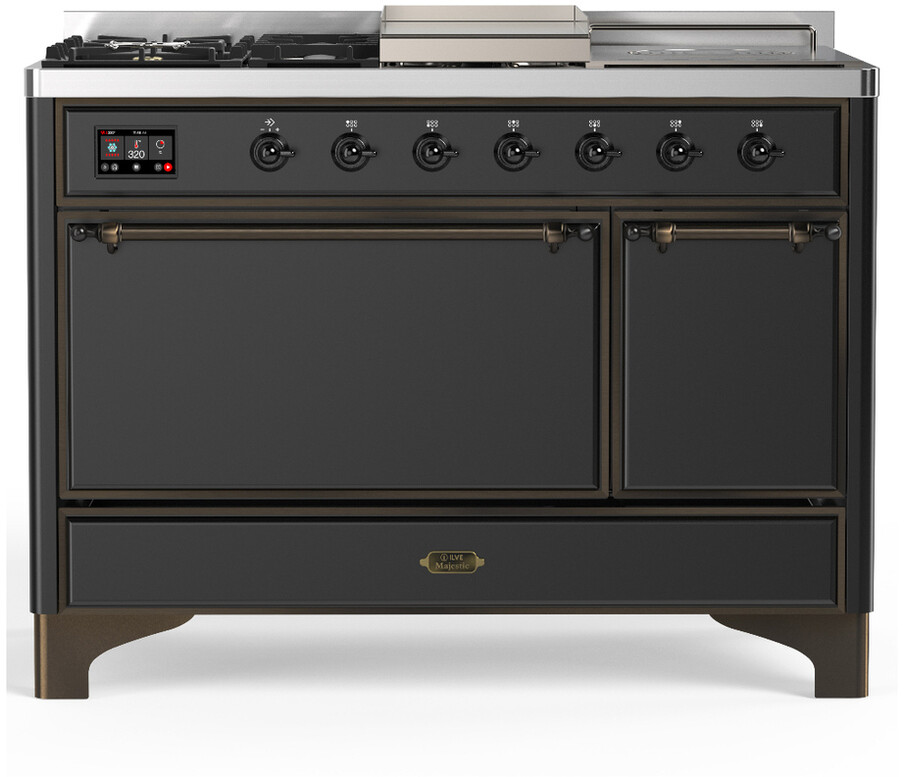 ILVE UM48FSQNR3MGBLP Majestic III 48 inch Dual Fuel Range with 5 Black Brass Burners, Griddle and French Top, Dual Function Burner up to 25,000 BTU (Liquid Propane, Solid Door, Graphite Matte, Burnished)