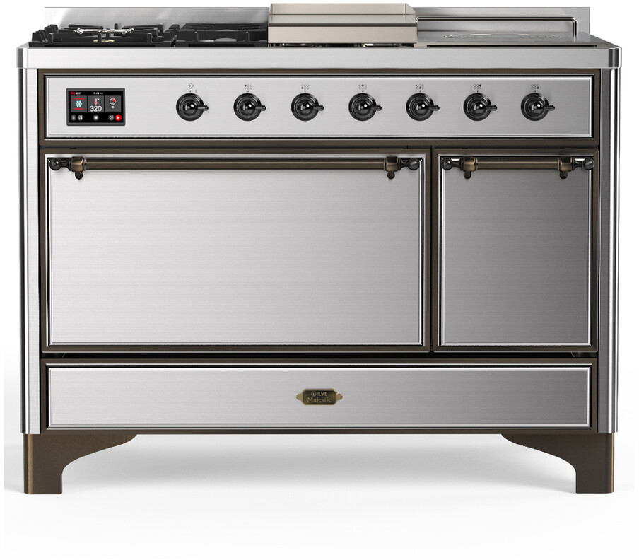 ILVE UM48FSQNR3SSBLP Majestic III 48 inch Dual Fuel Range with 5 Black Brass Burners, Griddle and French Top, Dual Function Burner up to 25,000 BTU (Liquid Propane, Solid Door, Stainless Steel, Burnished)