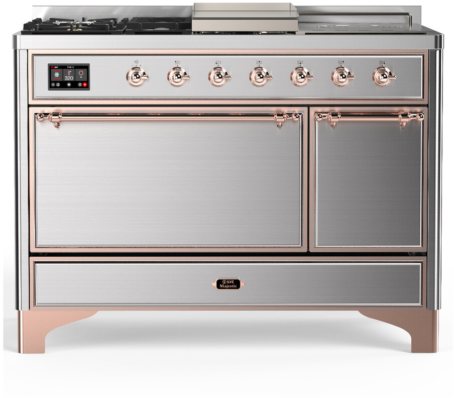 ILVE UM48FSQNR3SSPLP Majestic III 48 inch Dual Fuel Range with 5 Black Brass Burners, Griddle and French Top, Dual Function Burner up to 25,000 BTU (Liquid Propane, Solid Door, Stainless Steel, Copper)