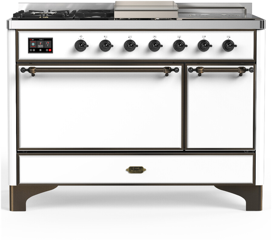 ILVE UM48FSQNR3WHBLP Majestic III 48 inch Dual Fuel Range with 5 Black Brass Burners, Griddle and French Top, Dual Function Burner up to 25,000 BTU (Liquid Propane, Solid Door, White, Burnished)