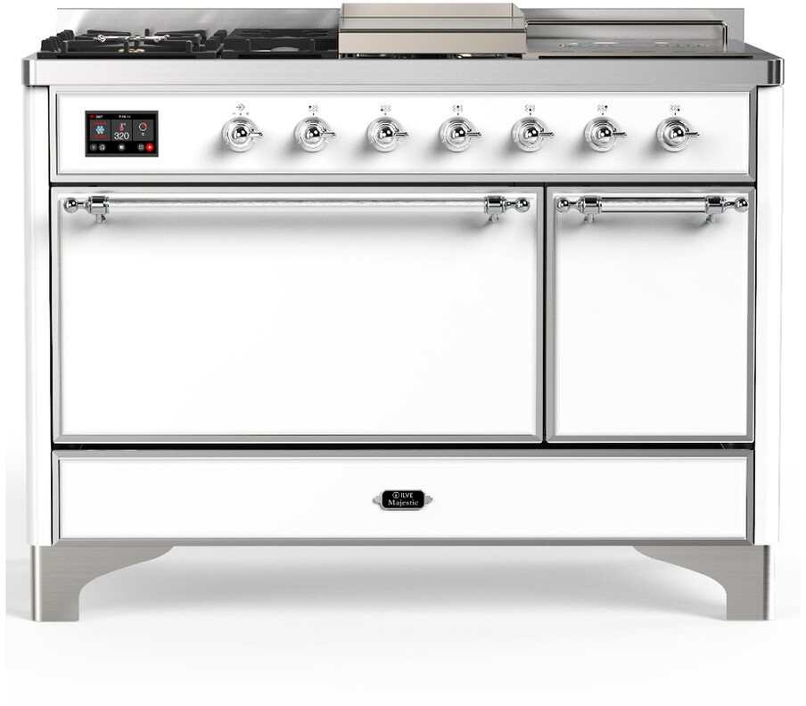 ILVE UM48FSQNR3WHCLP Majestic III 48 inch Dual Fuel Range with 5 Black Brass Burners, Griddle and French Top, Dual Function Burner up to 25,000 BTU (Liquid Propane, Solid Door, White, Chrome)