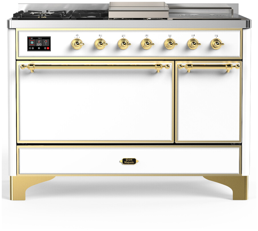 ILVE UM48FSQNR3WHGLP Majestic III 48 inch Dual Fuel Range with 5 Black Brass Burners, Griddle and French Top, Dual Function Burner up to 25,000 BTU (Liquid Propane, Solid Door, White, Brass)