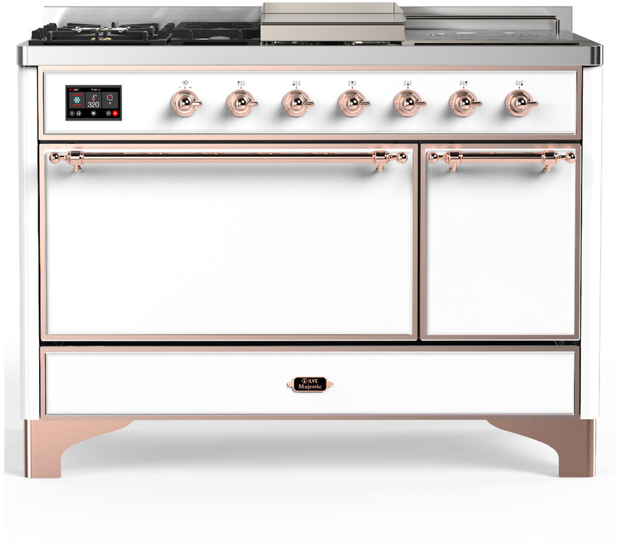 ILVE UM48FSQNR3WHP Majestic III 48 inch Dual Fuel Range with 5 Black Brass Burners, Griddle and French Top, Dual Function Burner up to 25,000 BTU (Natural Gas, Solid Door, White, Copper)