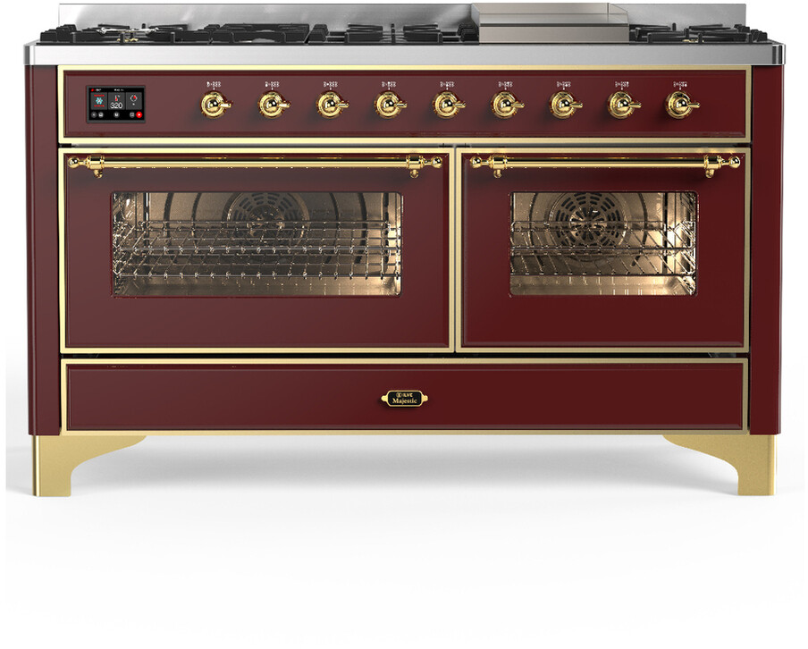 ILVE UM60FNR3BUGLP Majestic III 60 inch Dual Fuel Range with 9 Burners and Griddle, Dual Function Burner up to 25,000 BTU (Liquid Propane, Triple Glass Door, Burgundy, Brass)