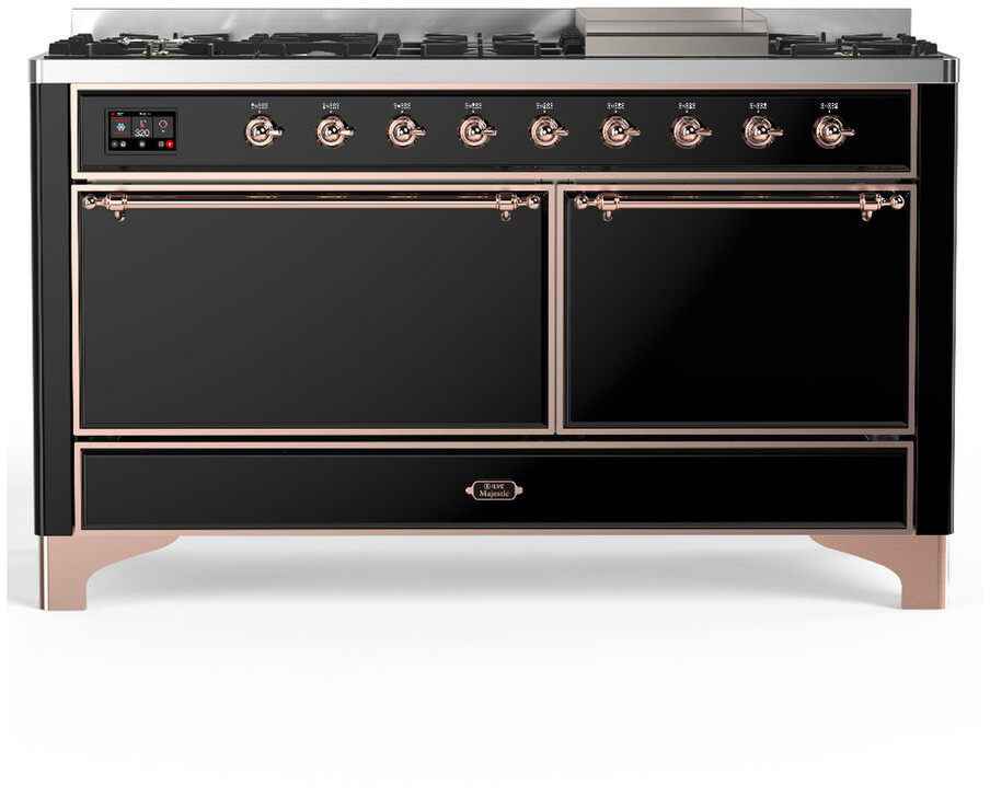 ILVE UM60FQNR3BKP Majestic III 60 inch Dual Fuel Range with 9 Burners and Griddle, Dual Function Burner up to 25,000 BTU (Natural Gas, Solid Door, Glossy Black, Copper)