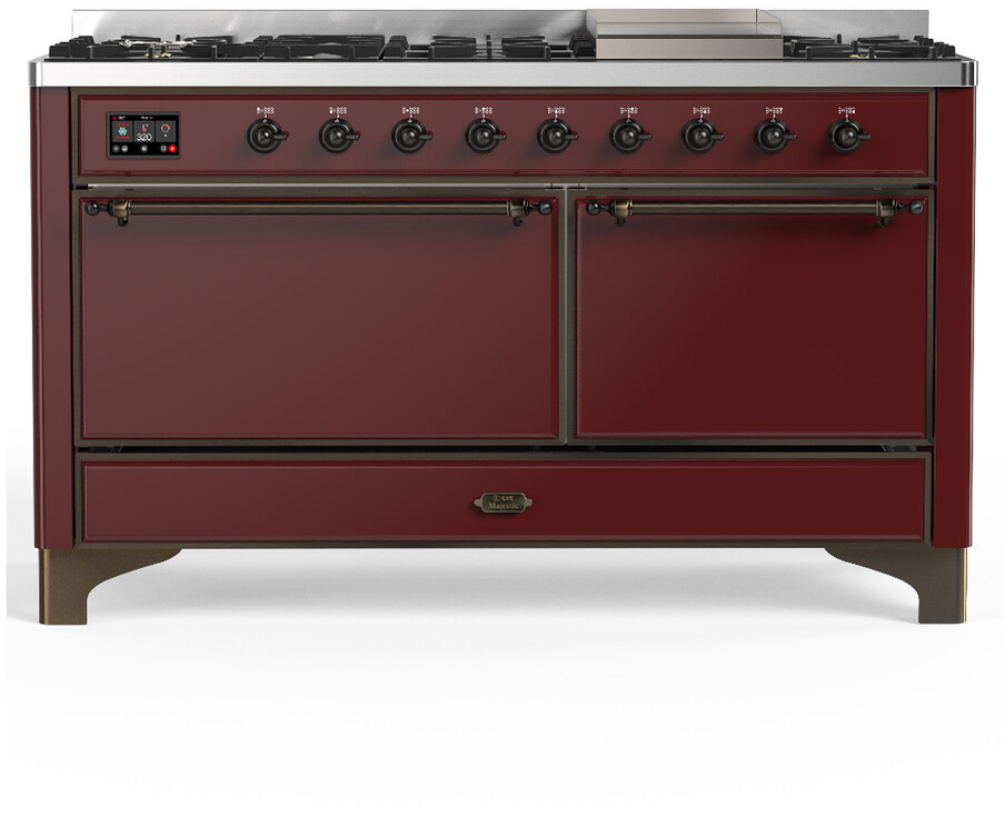 ILVE UM60FQNR3BUBLP Majestic III 60 inch Dual Fuel Range with 9 Burners and Griddle, Dual Function Burner up to 25,000 BTU (Liquid Propane, Solid Door, Burgundy, Burnished)