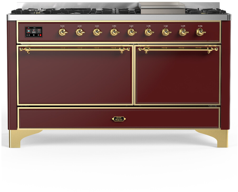 ILVE UM60FQNR3BUGLP Majestic III 60 inch Dual Fuel Range with 9 Burners and Griddle, Dual Function Burner up to 25,000 BTU (Liquid Propane, Solid Door, Burgundy, Brass)