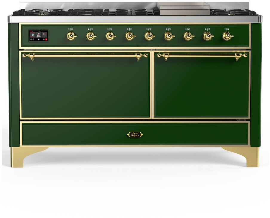ILVE UM60FQNR3EGGLP Majestic III 60 inch Dual Fuel Range with 9 Burners and Griddle, Dual Function Burner up to 25,000 BTU (Liquid Propane, Solid Door, Emerald Green, Brass)