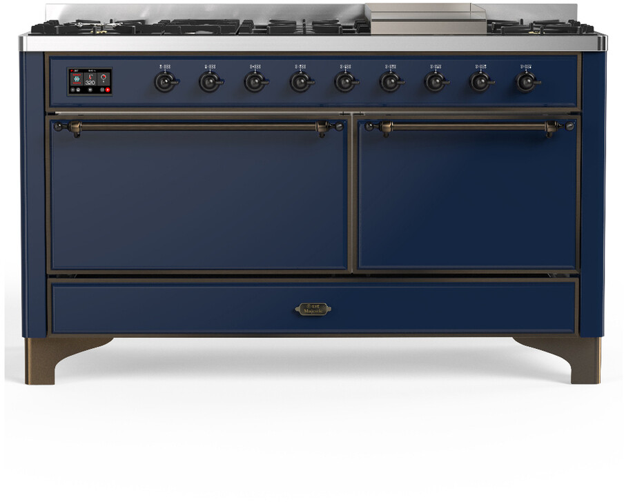 ILVE UM60FQNR3MBBLP Majestic III 60 inch Dual Fuel Range with 9 Burners and Griddle, Dual Function Burner up to 25,000 BTU (Liquid Propane, Solid Door, Midnight Blue, Burnished)