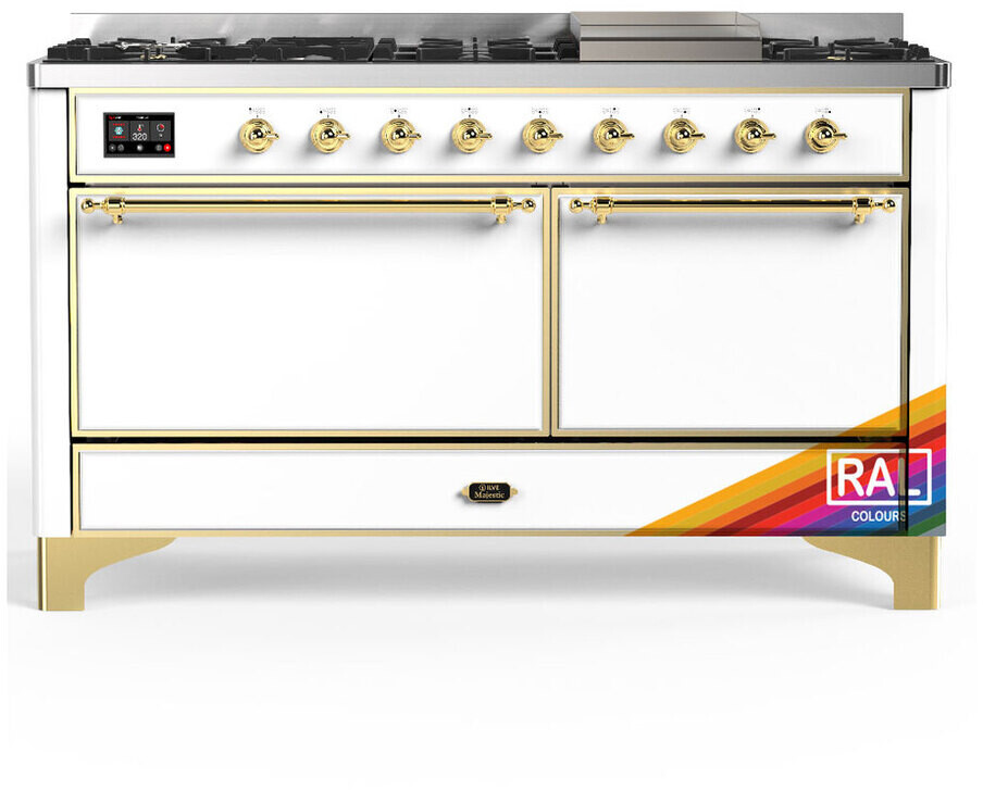 ILVE UM60FQNR3RAGLP Majestic III 60 inch Dual Fuel Range with 9 Burners and Griddle, Dual Function Burner up to 25,000 BTU (Liquid Propane, Solid Door, RAL, Brass)