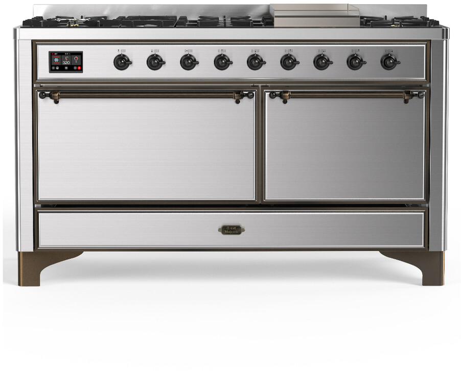 ILVE UM60FQNR3SSBLP Majestic III 60 inch Dual Fuel Range with 9 Burners and Griddle, Dual Function Burner up to 25,000 BTU (Liquid Propane, Solid Door, Stainless Steel, Burnished)