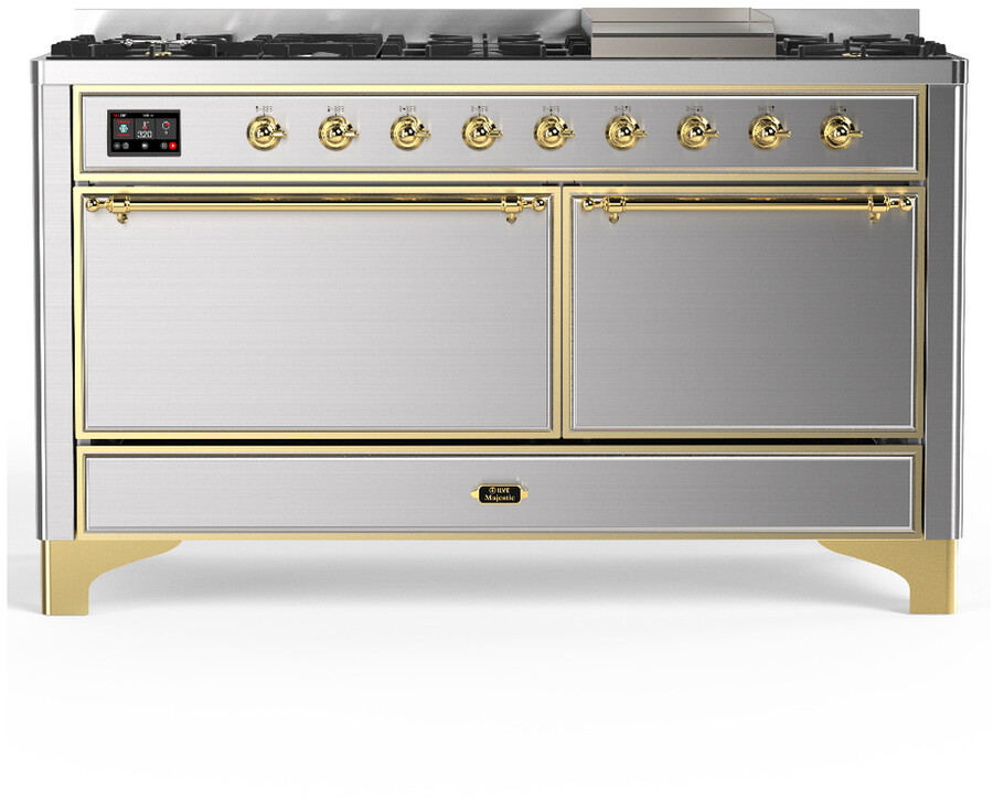 ILVE UM60FQNR3SSGLP Majestic III 60 inch Dual Fuel Range with 9 Burners and Griddle, Dual Function Burner up to 25,000 BTU (Liquid Propane, Solid Door, Stainless Steel, Brass)