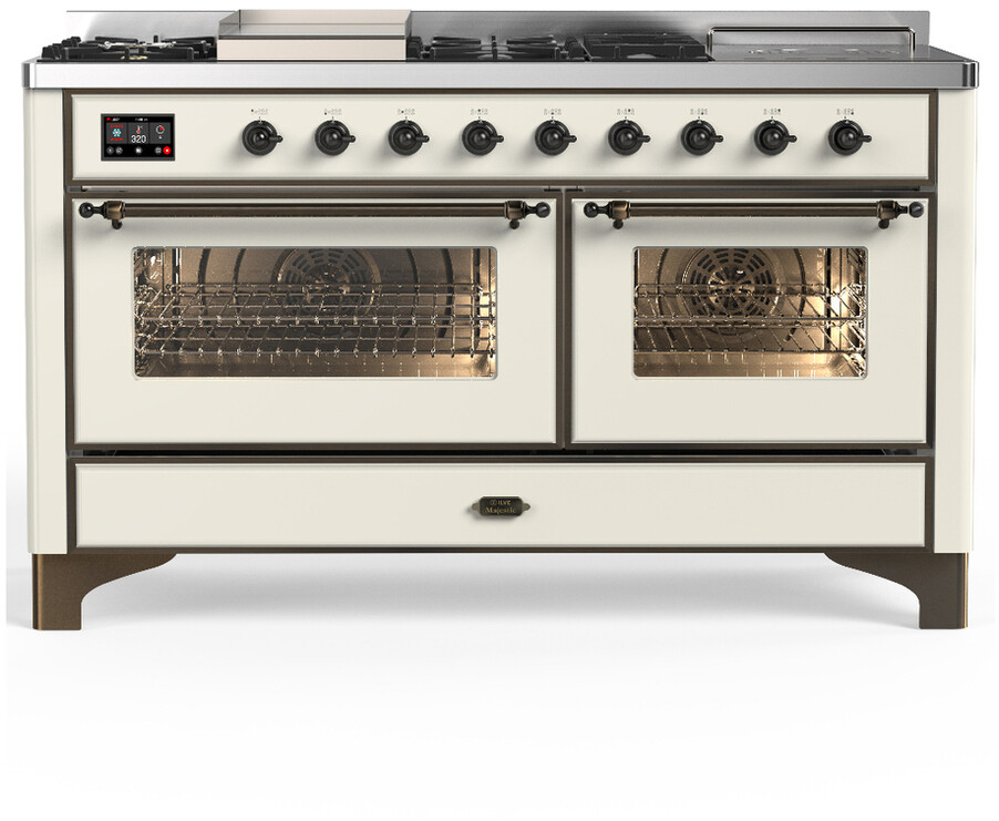 ILVE UM60FSNR3AWBLP Majestic III 60 inch Dual Fuel Range with 7 Burners, Griddle and French Top, Dual Function Burner with up to 25,000 BTU (Liquid Propane, Triple Glass Door, Antique White, Burnished)
