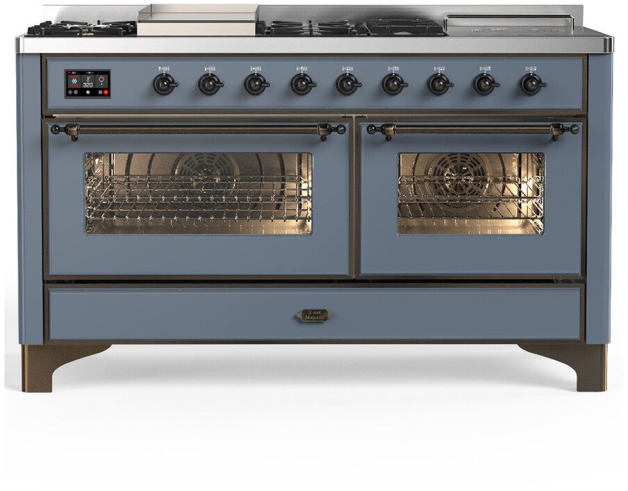 ILVE UM60FSNR3BGBLP Majestic III 60 inch Dual Fuel Range with 7 Burners, Griddle and French Top, Dual Function Burner with up to 25,000 BTU (Liquid Propane, Triple Glass Door, Blue Grey, Burnished)