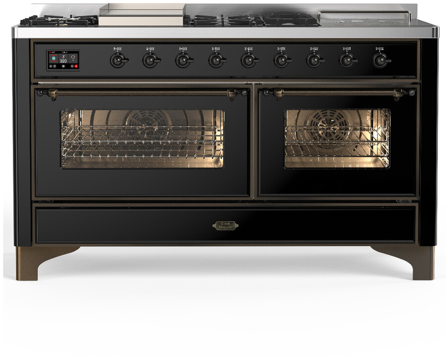 ILVE UM60FSNR3BKBLP Majestic III 60 inch Dual Fuel Range with 7 Burners, Griddle and French Top, Dual Function Burner with up to 25,000 BTU (Liquid Propane, Triple Glass Door, Glossy Black, Burnished)