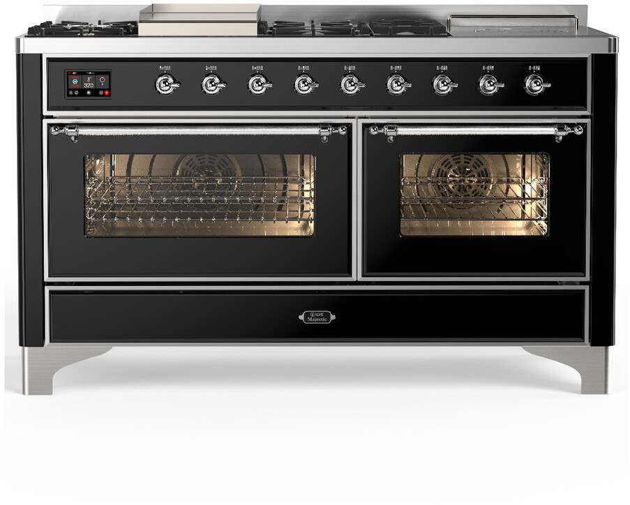 ILVE UM60FSNR3BKC Majestic III 60 inch Dual Fuel Range with 7 Burners, Griddle and French Top, Dual Function Burner with up to 25,000 BTU (Natural Gas, Triple Glass Door, Glossy Black, Chrome)