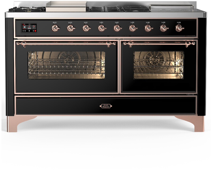 ILVE UM60FSNR3BKP Majestic III 60 inch Dual Fuel Range with 7 Burners, Griddle and French Top, Dual Function Burner with up to 25,000 BTU (Natural Gas, Triple Glass Door, Glossy Black, Copper)