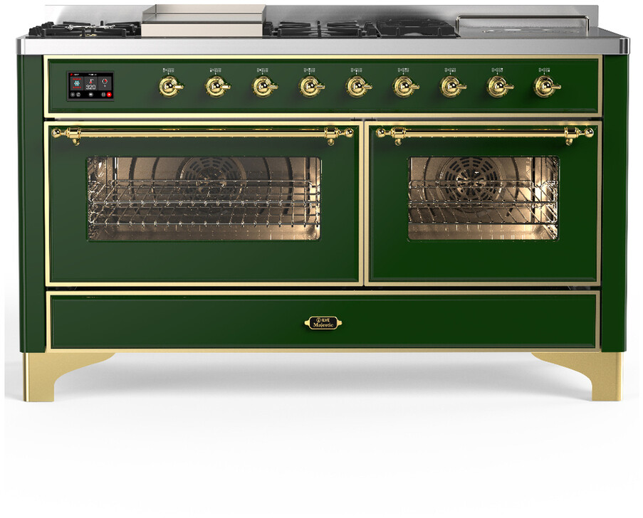 ILVE UM60FSNR3EGG Majestic III 60 inch Dual Fuel Range with 7 Burners, Griddle and French Top, Dual Function Burner with up to 25,000 BTU (Natural Gas, Triple Glass Door, Emerald Green, Brass)
