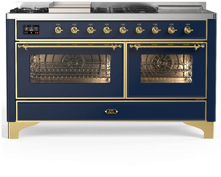 ILVE UM60FSNR3MBG Majestic III 60 inch Dual Fuel Range with 7 Burners, Griddle and French Top, Dual Function Burner with up to 25,000 BTU (Natural Gas, Triple Glass Door, Midnight Blue, Brass)