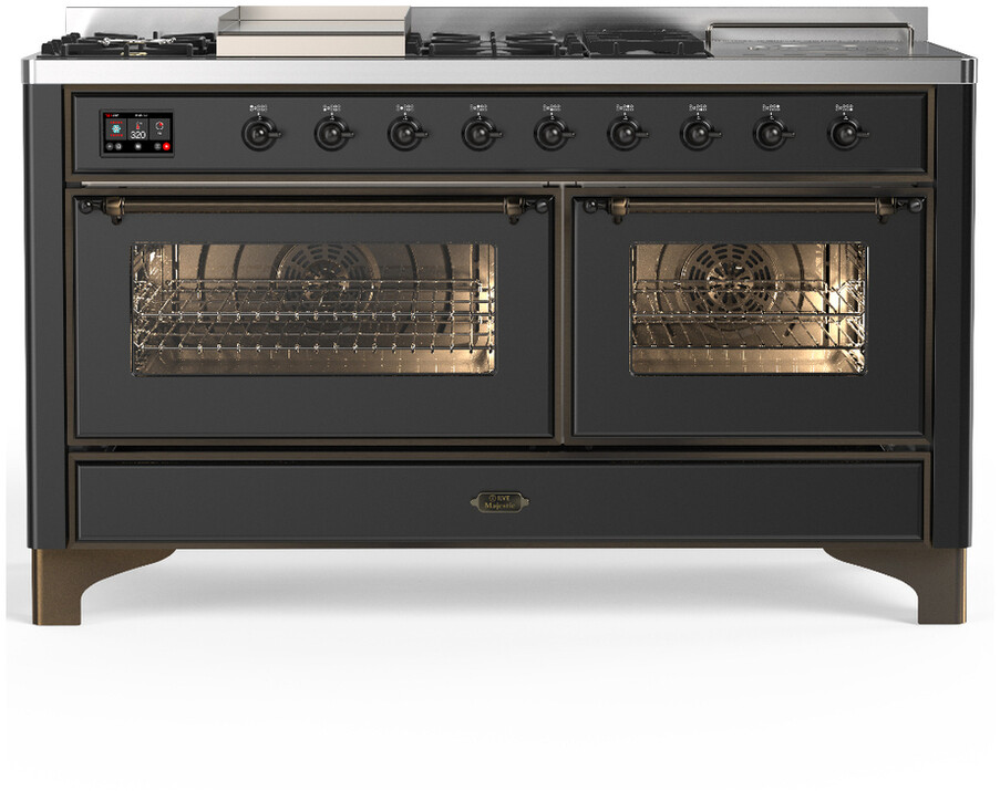 ILVE UM60FSNR3MGB Majestic III 60 inch Dual Fuel Range with 7 Burners, Griddle and French Top, Dual Function Burner with up to 25,000 BTU (Natural Gas, Triple Glass Door, Graphite Matte, Burnished)