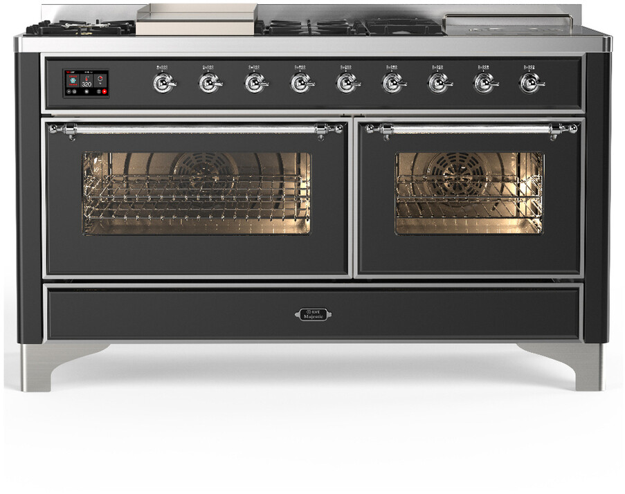 ILVE UM60FSNR3MGC Majestic III 60 inch Dual Fuel Range with 7 Burners, Griddle and French Top, Dual Function Burner with up to 25,000 BTU (Natural Gas, Triple Glass Door, Graphite Matte, Chrome)