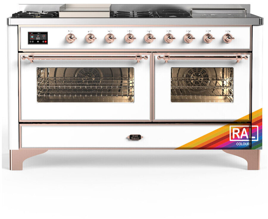 ILVE UM60FSNR3RAPLP Majestic III 60 inch Dual Fuel Range with 7 Burners, Griddle and French Top, Dual Function Burner with up to 25,000 BTU (Liquid Propane, Triple Glass Door, RAL, Copper)
