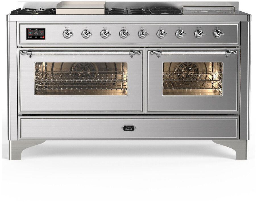 ILVE UM60FSNR3SSCLP Majestic III 60 inch Dual Fuel Range with 7 Burners, Griddle and French Top, Dual Function Burner with up to 25,000 BTU (Liquid Propane, Triple Glass Door, Stainless Steel, Chrome)