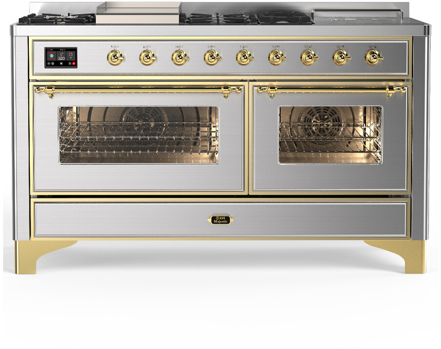 ILVE UM60FSNR3SSGLP Majestic III 60 inch Dual Fuel Range with 7 Burners, Griddle and French Top, Dual Function Burner with up to 25,000 BTU (Liquid Propane, Triple Glass Door, Stainless Steel, Brass)