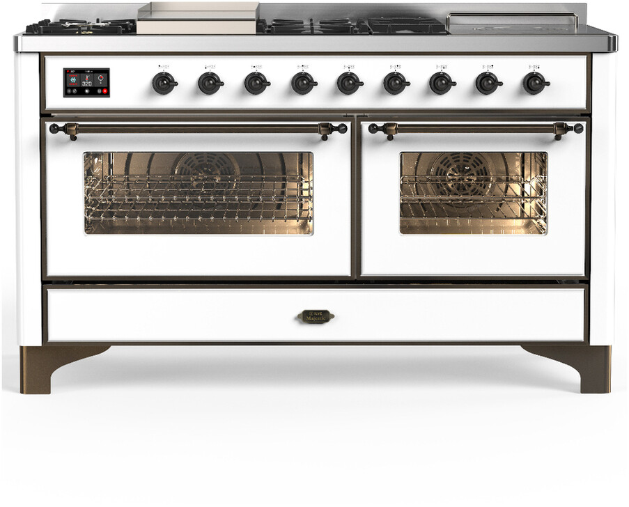 ILVE UM60FSNR3WHBLP Majestic III 60 inch Dual Fuel Range with 7 Burners, Griddle and French Top, Dual Function Burner with up to 25,000 BTU (Liquid Propane, Triple Glass Door, White, Burnished)