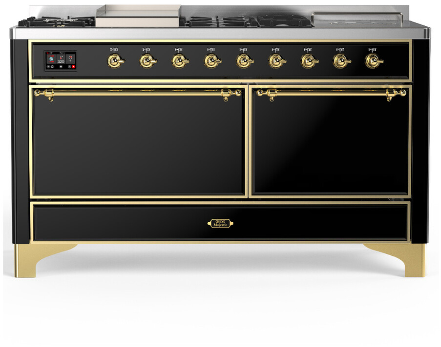 ILVE UM60FSQNR3BKGLP Majestic III 60 inch Dual Fuel Range with 7 Burners, Griddle and French Top, Dual Function Burner with up to 25,000 BTU (Liquid Propane, Solid Door, Glossy Black, Brass)
