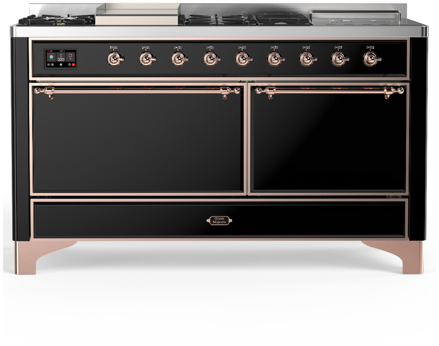 ILVE UM60FSQNR3BKP Majestic III 60 inch Dual Fuel Range with 7 Burners, Griddle and French Top, Dual Function Burner with up to 25,000 BTU (Natural Gas, Solid Door, Glossy Black, Copper)