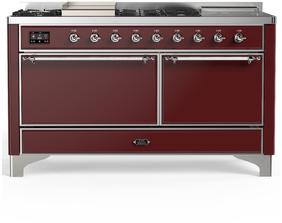 ILVE UM60FSQNR3BUC Majestic III 60 inch Dual Fuel Range with 7 Burners, Griddle and French Top, Dual Function Burner with up to 25,000 BTU (Natural Gas, Solid Door, Burgundy, Chrome)