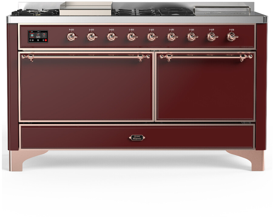 ILVE UM60FSQNR3BUP Majestic III 60 inch Dual Fuel Range with 7 Burners, Griddle and French Top, Dual Function Burner with up to 25,000 BTU (Natural Gas, Solid Door, Burgundy, Copper)