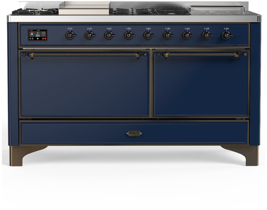ILVE UM60FSQNR3MBB Majestic III 60 inch Dual Fuel Range with 7 Burners, Griddle and French Top, Dual Function Burner with up to 25,000 BTU (Natural Gas, Solid Door, Midnight Blue, Burnished)