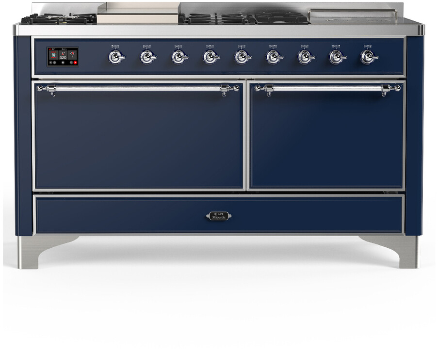 ILVE UM60FSQNR3MBC Majestic III 60 inch Dual Fuel Range with 7 Burners, Griddle and French Top, Dual Function Burner with up to 25,000 BTU (Natural Gas, Solid Door, Midnight Blue, Chrome)