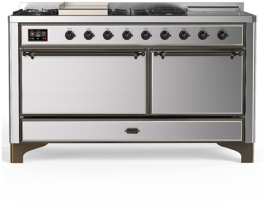 ILVE UM60FSQNR3SSB Majestic III 60 inch Dual Fuel Range with 7 Burners, Griddle and French Top, Dual Function Burner with up to 25,000 BTU (Natural Gas, Solid Door, Stainless Steel, Burnished)