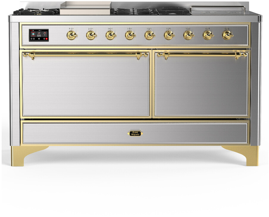 ILVE UM60FSQNR3SSG Majestic III 60 inch Dual Fuel Range with 7 Burners, Griddle and French Top, Dual Function Burner with up to 25,000 BTU (Natural Gas, Solid Door, Stainless Steel, Brass)