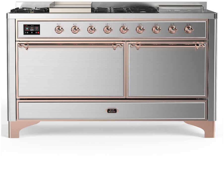 ILVE UM60FSQNR3SSPLP Majestic III 60 inch Dual Fuel Range with 7 Burners, Griddle and French Top, Dual Function Burner with up to 25,000 BTU (Liquid Propane, Solid Door, Stainless Steel, Copper)