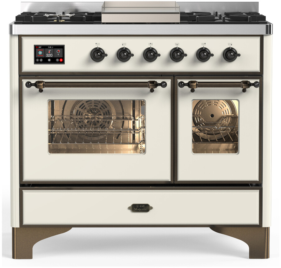 ILVE UMD40FNR3AWBLP Majestic III 40 inch Dual Fuel Range with 6 Burners and Griddle, Dual Function Burner up to 25,000 BTU (Liquid Propane, Triple Glass Door, Antique White, Burnished)