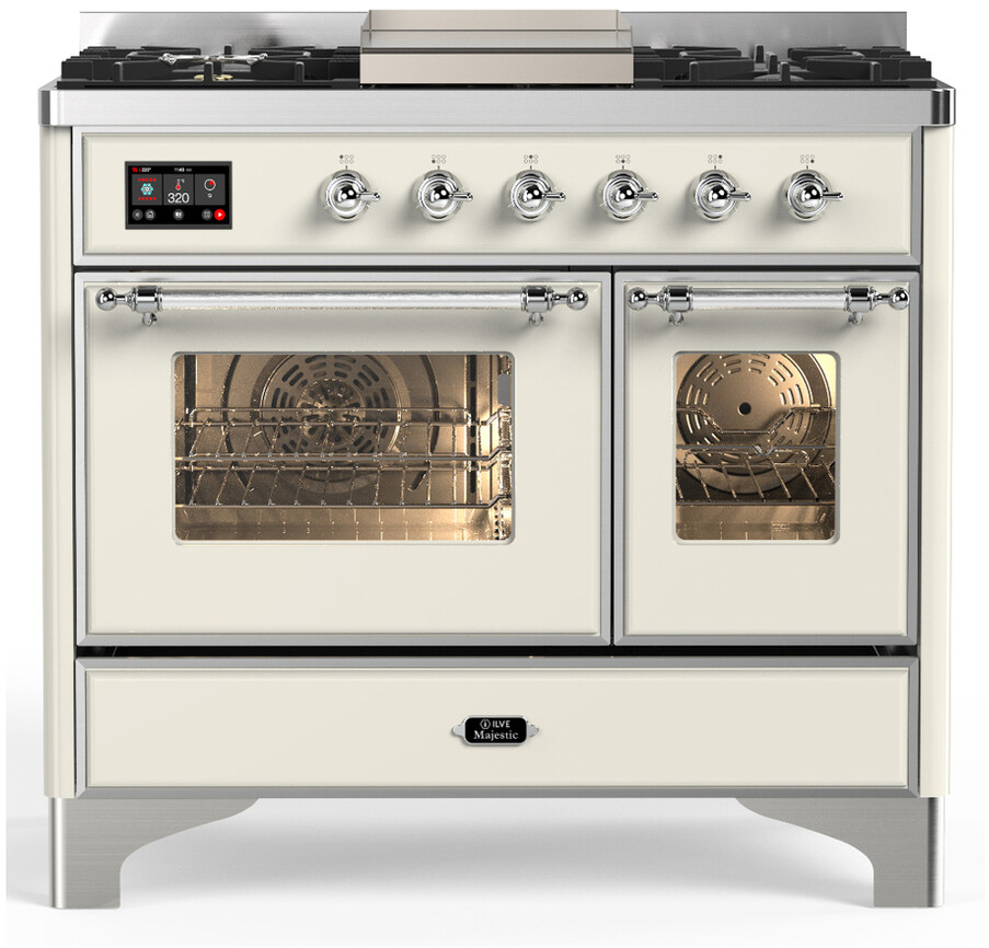 ILVE UMD40FNR3AWCLP Majestic III 40 inch Dual Fuel Range with 6 Burners and Griddle, Dual Function Burner up to 25,000 BTU (Liquid Propane, Triple Glass Door, Antique White, Chrome)