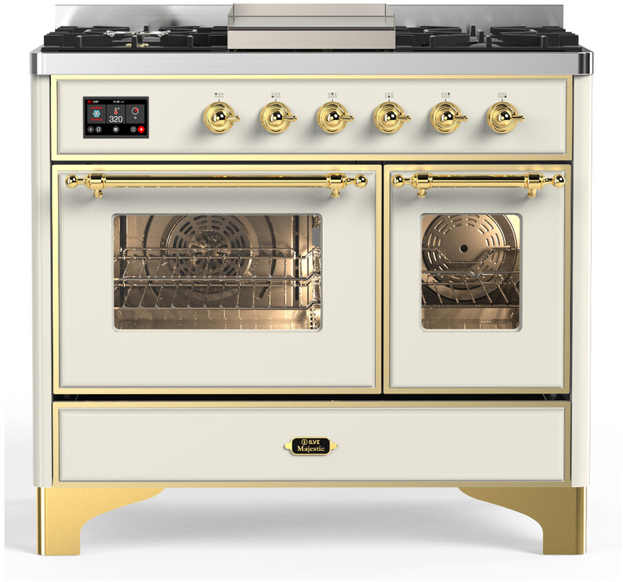ILVE UMD40FNR3AWGLP Majestic III 40 inch Dual Fuel Range with 6 Burners and Griddle, Dual Function Burner up to 25,000 BTU (Liquid Propane, Triple Glass Door, Antique White, Brass)