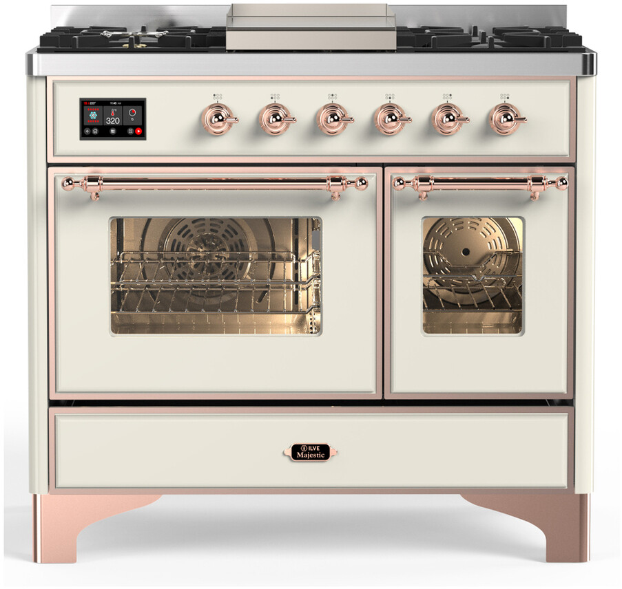ILVE UMD40FNR3AWPLP Majestic III 40 inch Dual Fuel Range with 6 Burners and Griddle, Dual Function Burner up to 25,000 BTU (Liquid Propane, Triple Glass Door, Antique White, Copper)